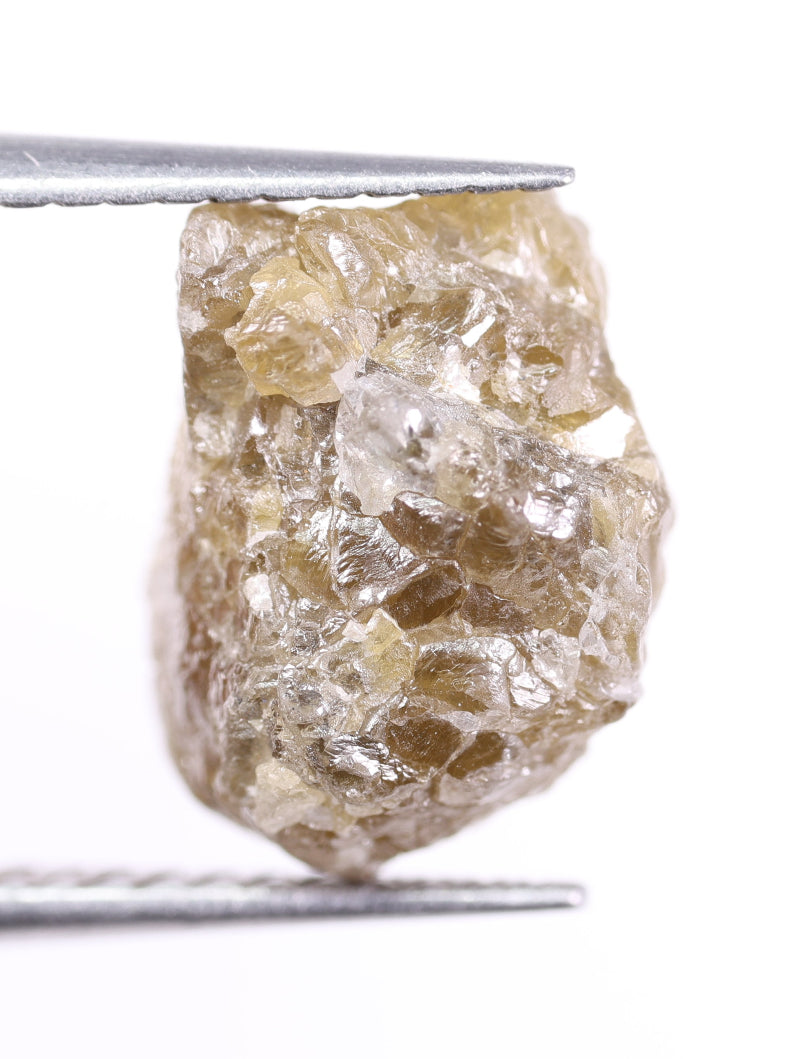 Raw diamond held by tweezers on a white background