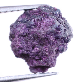 Purple diamond held by tweezers on a white background