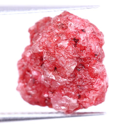 Close-up of a pink diamond rock held by tweezers on a white background