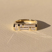Geometric Baguette and Round Lab Grown Diamond Band Ring in Yellow Gold, Modern Statement Ring