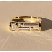 Geometric Baguette and Round Lab Grown Diamond Band Ring in Yellow Gold, Modern Statement Ring
