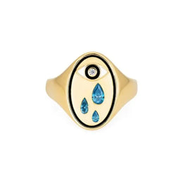 Yellow Gold Eye & Teardrop Blue Lab Grown Signet Ring with Lab Diamond Accent, Unique Symbolic Ring