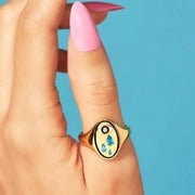 Unique Eye Motif Lab Grown Ring with Blue Teardrop Stones and Black Center in Yellow Gold, Artistic Design