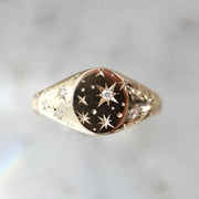 Celestial Starburst Lab Grown Diamond Signet Ring in Gold Vintage Inspired Astrology Ring for Him & Her