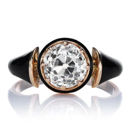 Antique Style Old European Cut Lab Grown Diamond Ring in Gold with Black Enamel, Vintage Cocktail Jewelry