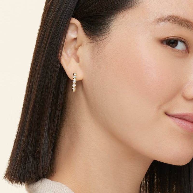 Delicate Moissanite Bezel Hoop Earrings in 14k Yellow Gold Plated
