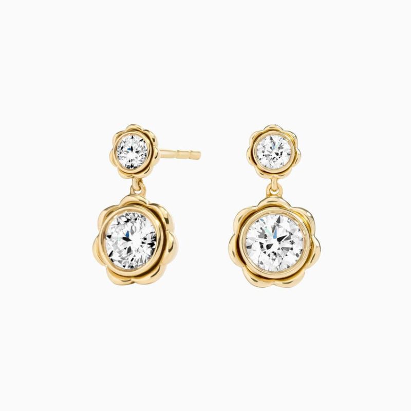 Elegance Round Moissanite Flower Earrings in 14k Yellow Gold Plated