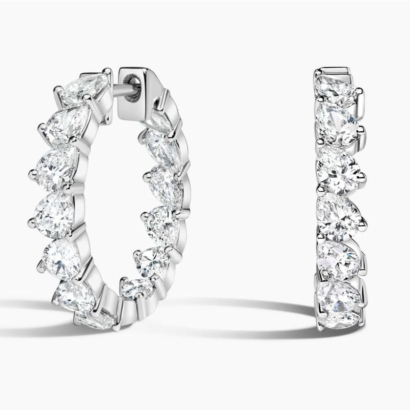 Angled Pear Moissanite Diamond Hoop Earrings in 14k White Gold Plated