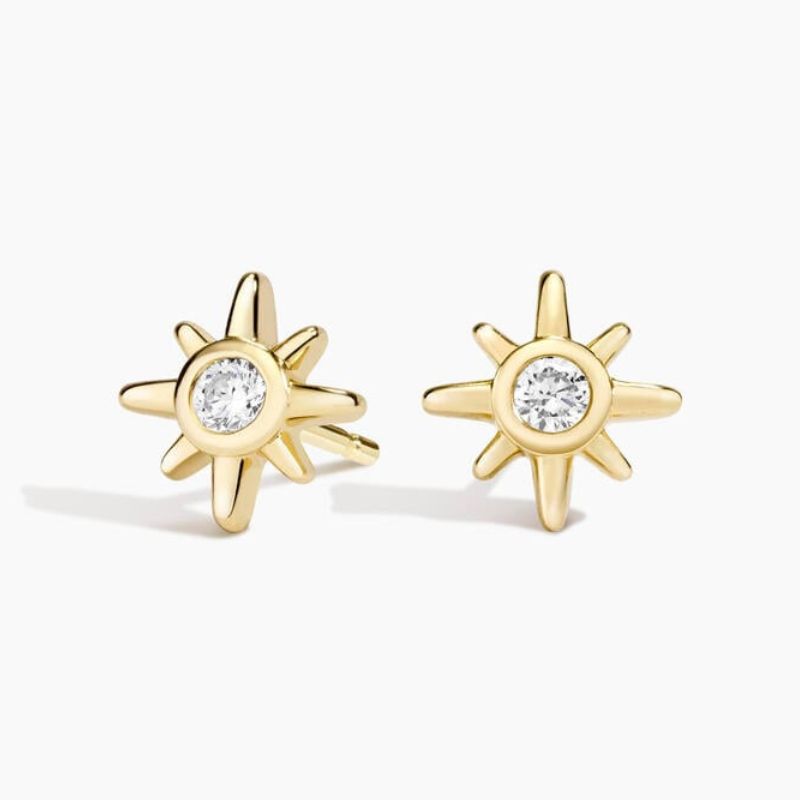Starburst Moissanite Diamond Stud Earrings in 14k Yellow Gold Plated