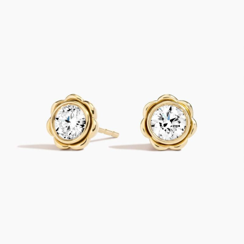Round Moissanite Flower Stud Earrings in 14k Yellow Gold Plated