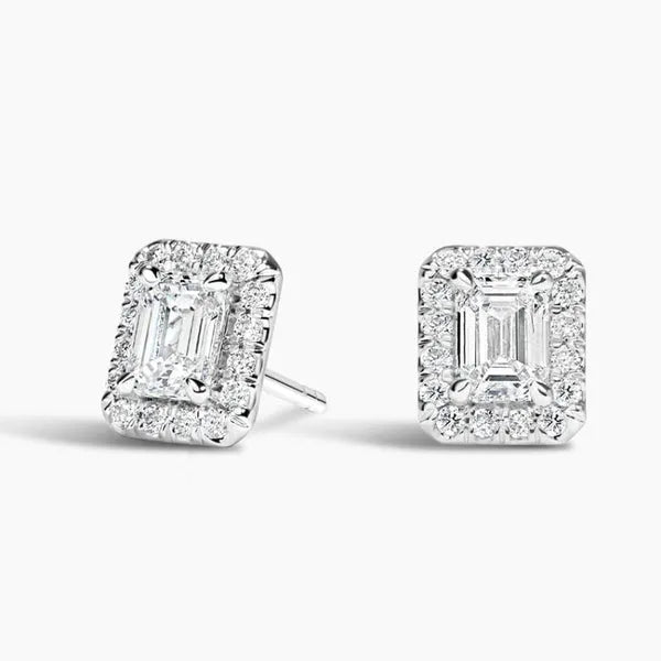 Emerald-Round Cut Moissanite Diamond Halo Stud Earrings