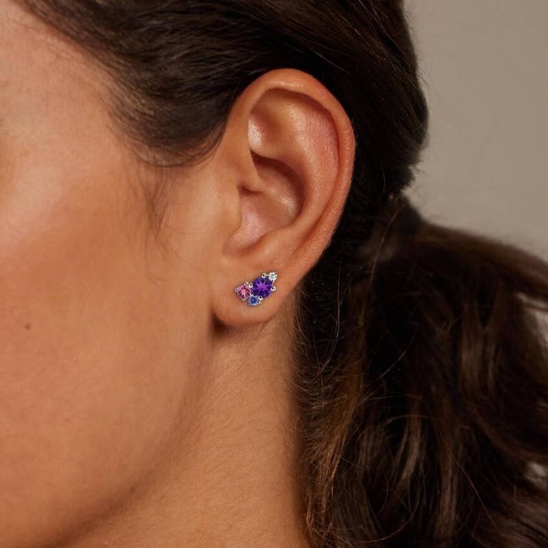Multi Color Diamond Stud Earrings in Silver