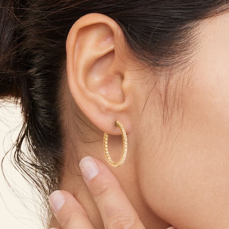 Small Perfect Hoop Moissanite Diamond Earrings in 14K Yellow Gold Plated
