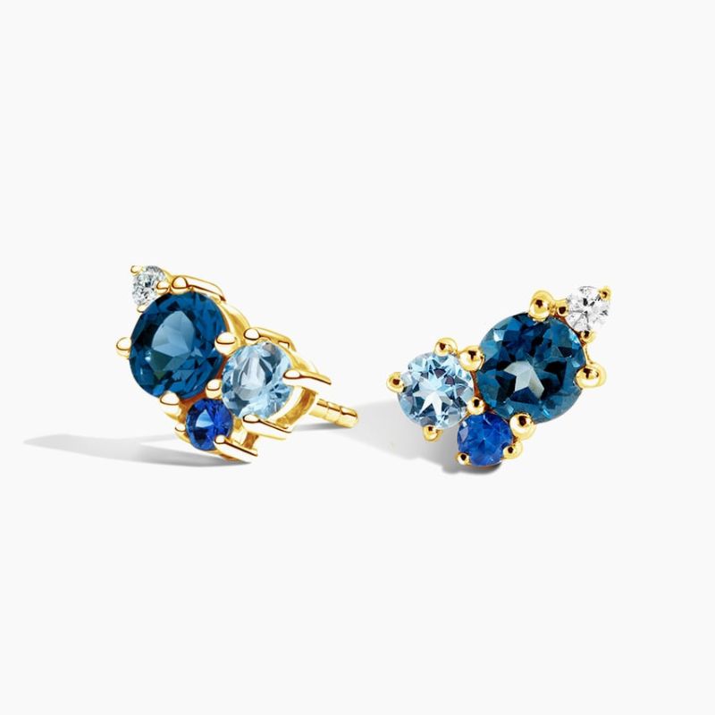 Multi-Stone Cluster Stud Earrings 14k Yellow Gold Plated
