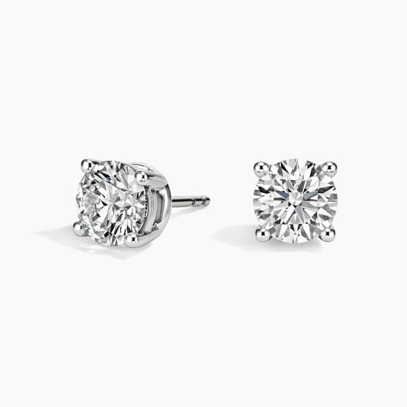 Four Prong Round Brilliant Moissanite Diamond Stud Earrings In 14k White Gold Plated