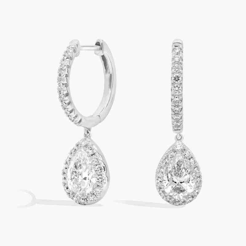Pear-Round Moissanite Diamond Halo Drop Earrings In 14k White Gold Plated
