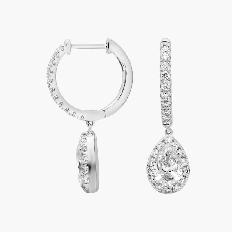 Pear-Round Moissanite Diamond Halo Drop Earrings In 14k White Gold Plated