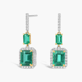 Emerald And Round Drop Earrings In 14k Yellow And White Gold Plated