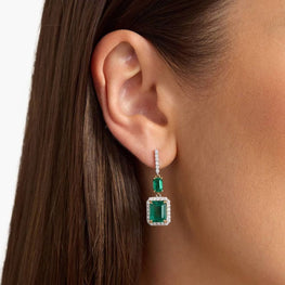 Emerald And Round Drop Earrings In 14k Yellow And White Gold Plated