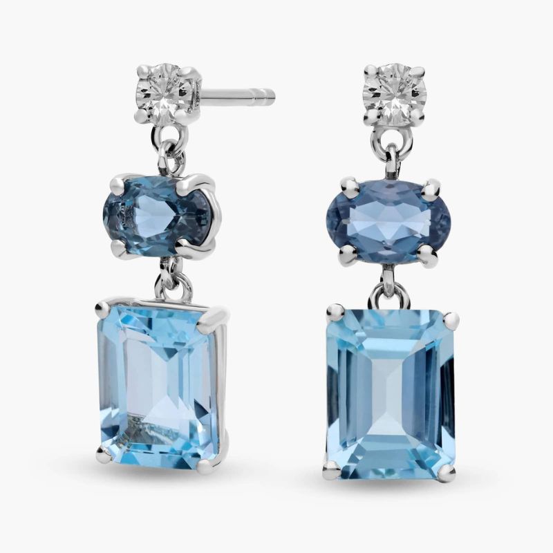 Blue-White Simulated Mixed Shape Drop Earrings In Sterling Silver