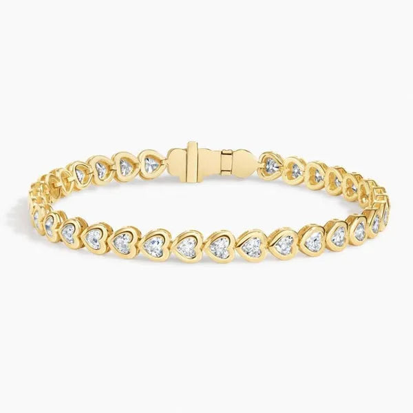 Heart Shaped Lab Diamond Bezel Tennis Bracelet in 14k Yellow Gold Plated