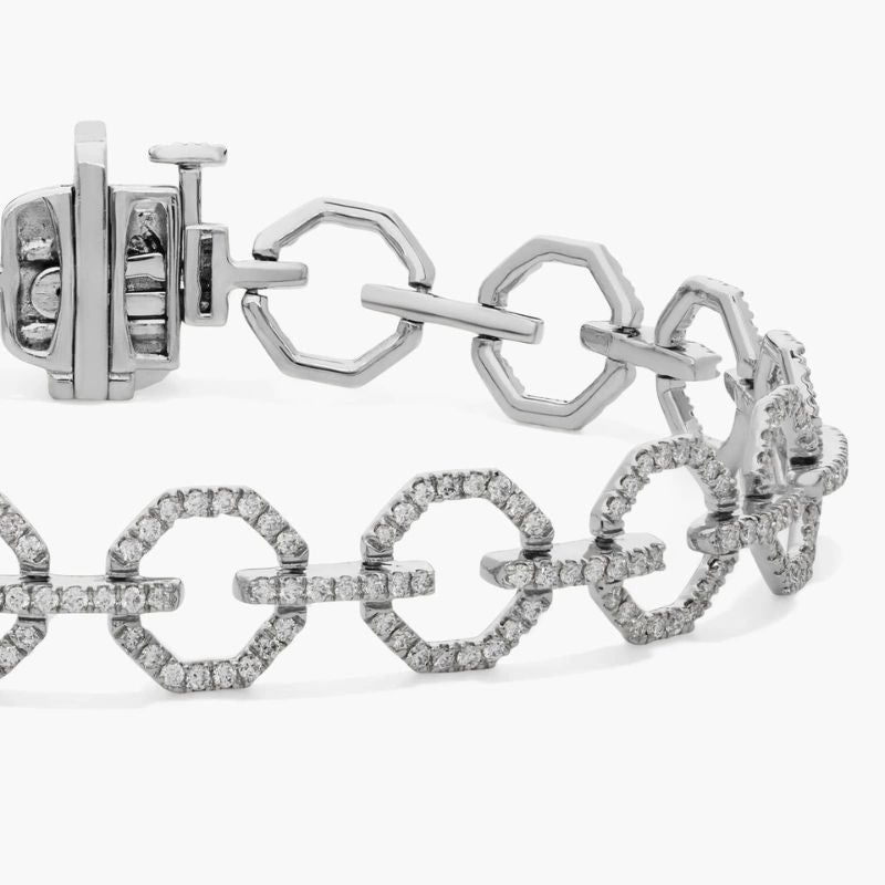 Pavé Diamond Octagon Link Bracelet In 14K White Gold Plated