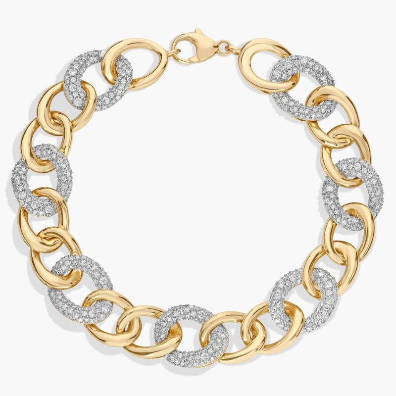 Alternating Diamond Link Chain Bracelet In 14K Yellow Gold Plated