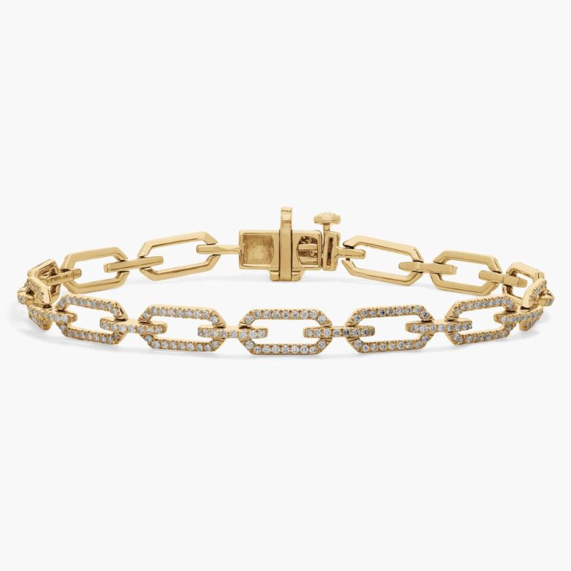 Pave Diamond Paperclip Link Bracelet In 14K Yellow Gold Plated