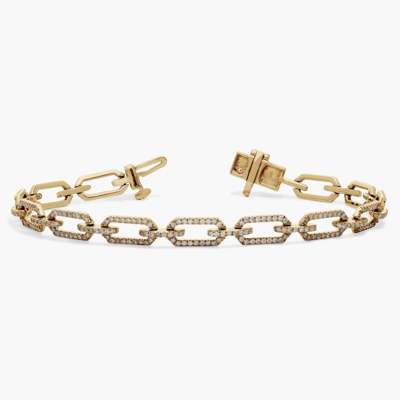 Pave Diamond Paperclip Link Bracelet In 14K Yellow Gold Plated