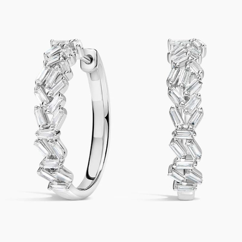 Luxe Baguette Moissanite Diamond Cluster Hoop Earrings 14k White Gold Plated