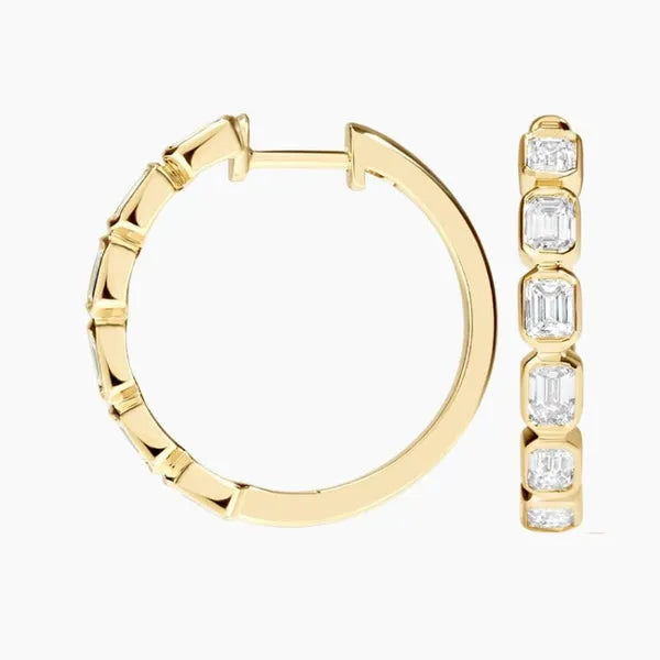 Emerald Moissanite Diamond Bezel Hoop Earrings in 14k Yellow Gold Plated