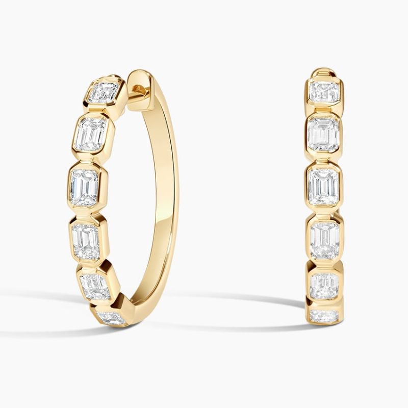 Emerald Moissanite Diamond Bezel Hoop Earrings in 14k Yellow Gold Plated