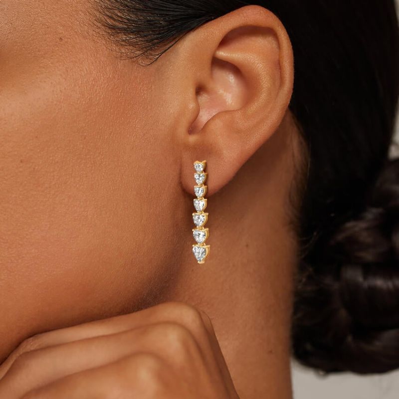 Heart Shaped Moissanite Diamond Tennis Earrings in 14k Yellow Gold Plated