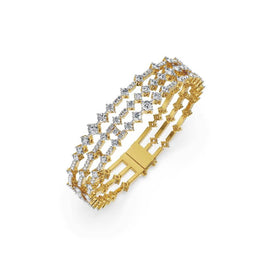 Triple Row Diamond Lattice Bangle Bracelet in 14k Yellow Gold Plated