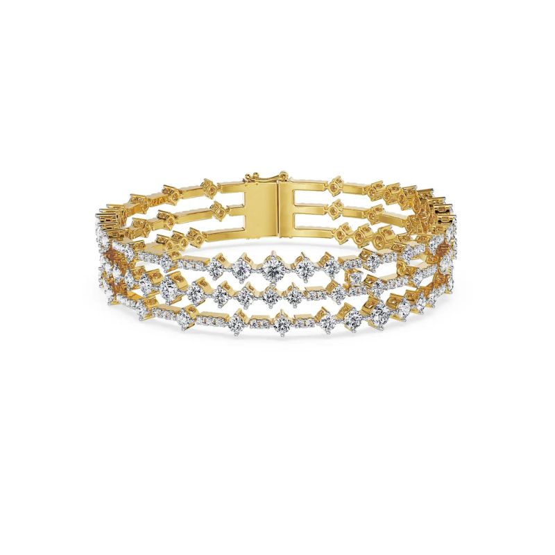 Triple Row Diamond Lattice Bangle Bracelet in 14k Yellow Gold Plated