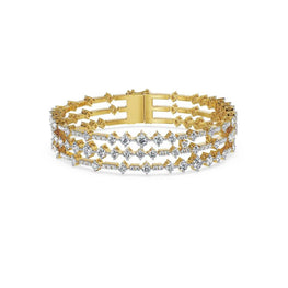 Triple Row Diamond Lattice Bangle Bracelet in 14k Yellow Gold Plated