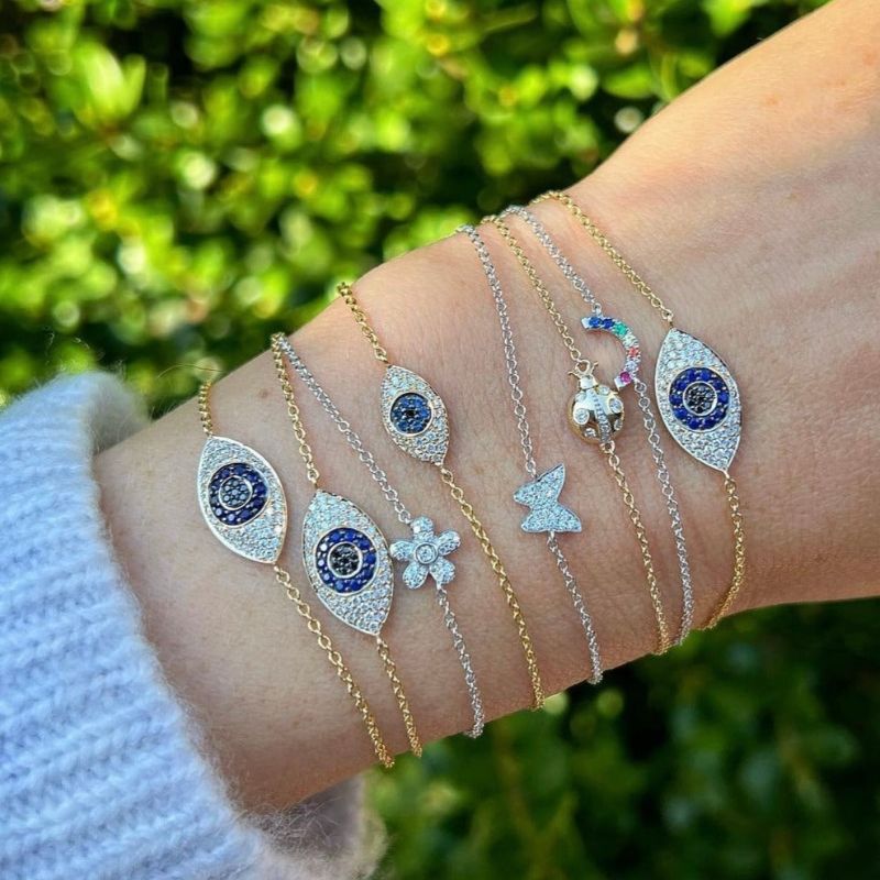 Multi Color Diamond Evil Eye Bracelet in 14k Yellow Gold Plated