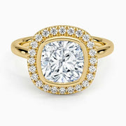 Vintage sapphire Yellow Gold Cushion Diamond Ring engagement ring in custom gold design.