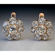 Antique Lab Grown Diamond Cluster Stud Earrings in Rose Gold with Old Mine Cut Diamond, Vintage Floral Earrings