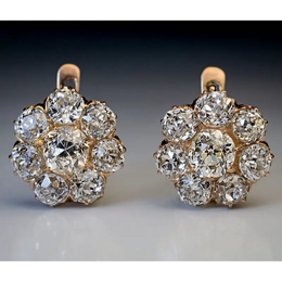 Antique Lab Grown Diamond Cluster Stud Earrings in Rose Gold with Old Mine Cut Diamond, Vintage Floral Earrings