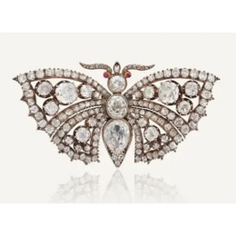 Victorian Butterfly Lab Grown Diamond Brooch with Ruby Eyes, Antique Silver Gold Collectible Fine Brooch