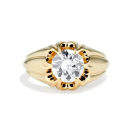 Round Old European Cut Lab Grown Diamond Vintage Ring in 18K Yellow Gold, Antique Flower Setting Engagement Ring