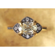 Oval Old Mine Lab Grown Diamond Ring in 18K Yellow Gold & Silver, Antique Kite Halo Engagement Ring