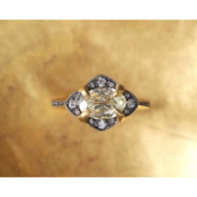 Oval Old Mine Lab Grown Diamond Ring in 18K Yellow Gold & Silver, Antique Kite Halo Engagement Ring
