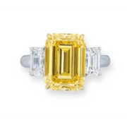 3 Stone Yellow Emerald Cut Lab Grown Diamond Ring, Fancy Intense Yellow & White Diamond Engagement Ring