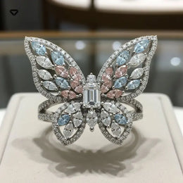Butterfly Shape Lab Grown Diamond Ring with Blue, Pink & White Marquise Diamonds in 18K White Gold Ring