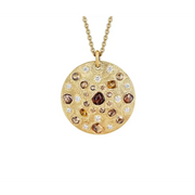 Brown and White Lab Grown Diamond Disc Pendant Necklace in 18K Yellow Gold, Textured Gold Round Necklace Gift