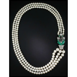Triple Strand Pearl Necklace with Lab Grown Diamond and Emerald Clasp, Art Deco Inspired Necklace Gift