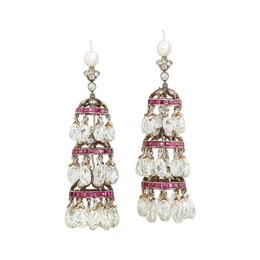 Lab Grown Diamond Briolette Chandelier Earrings with Rubies & Pearls in Gold Luxury Statement Earrings