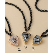 Shield, Hexagon, Kite, Round Cut Salt and Pepper Diamond Pendant Necklace in Gold, Unique Geometric Halo Necklace Gift